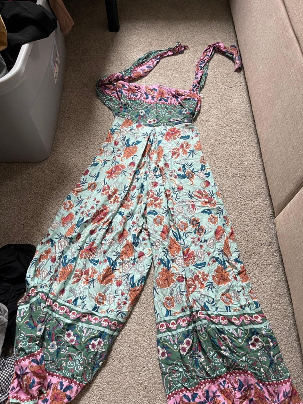 Aakaa Mint Green Floral Wide-Leg Jumpsuit with Pink Accents